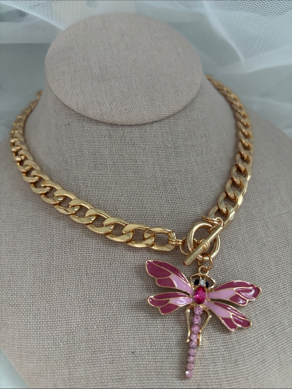 Gold Chain Necklace with Pink Dragonfly Charm Pendant